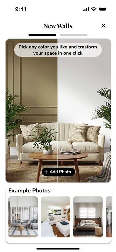 Deco AI before and after slider showing a living room wall color change