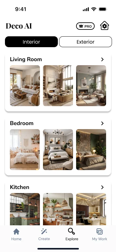 Deco AI explore screen showing curated living room, bedroom, and kitchen designs