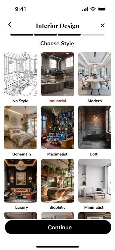 Deco AI style selection screen showing Industrial, Modern, Bohemian and other interior styles